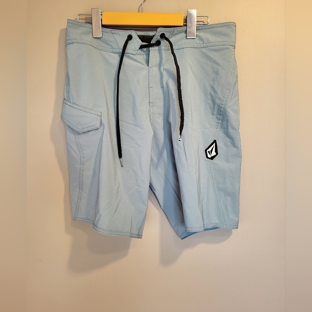 Volcom Blue Athletic Shorts with Drawstring Waist, Size 28